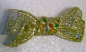 Crystal Colored Rhinestones on Old Silver Bow Bowtie Pin