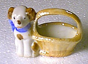 Old Ceramic Puppy with Basket Made in Japan Miniature