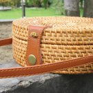 Wicker Round Rattan Bag Brown Leather Strap - Handmade Circle Summer Woven Basket