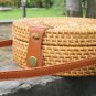Wicker Round Rattan Bag Brown Leather Strap - Handmade Circle Summer Woven Basket