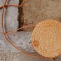 Wicker Round Rattan Bag Brown Leather Strap - Handmade Circle Summer Woven Basket