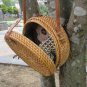 Wicker Round Rattan Bag Brown Leather Strap - Handmade Circle Summer Woven Basket
