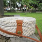 Round Wicker Rattan White Bag Brown Faux Leather Strap for Vegan - Eco Friendly Gifts