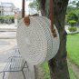 Round Wicker Rattan White Bag Brown Faux Leather Strap for Vegan - Eco Friendly Gifts