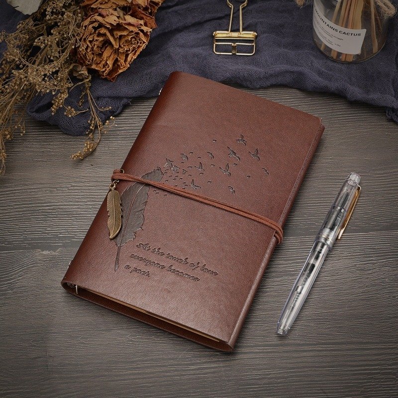 Feather Engraved Leather Notebook Pocket Travelers Diary Journal Stationery Gift School