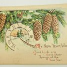 Road through a Clock New Year Wish with Pine Cones Div Back Postcard posted