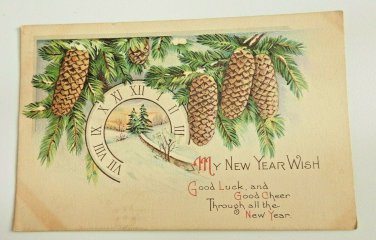 Road through a Clock New Year Wish with Pine Cones Div Back Postcard posted