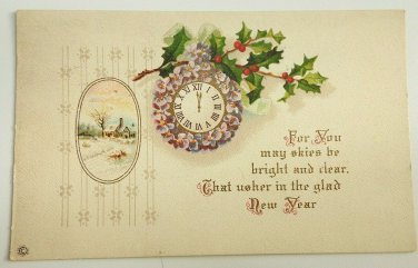 New Year Postcard with Purple Flower Clock Postcard posted 1920