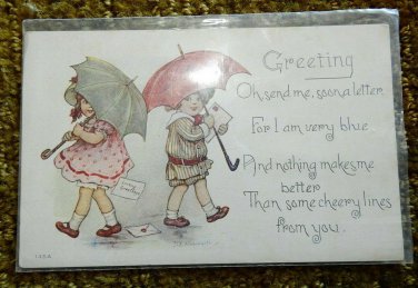 Greeting with 2 Children with Umbrellas  Divided Back Postcard Not Posted