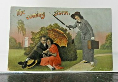 Comic Couple Under Umbrella about to be Hit the Coming Storm Posted 1914