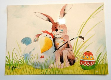 Easter Bunny and Chicken 4x6 Chrome Postcard Not Posted