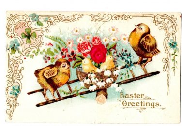 Easter charming scene with chicks on Ladder Divided Back Postcard Not Posted EX
