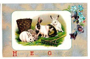 Easter Scene w/Rabbits Rake and Basket  Divided Back Postcard Not Posted EX