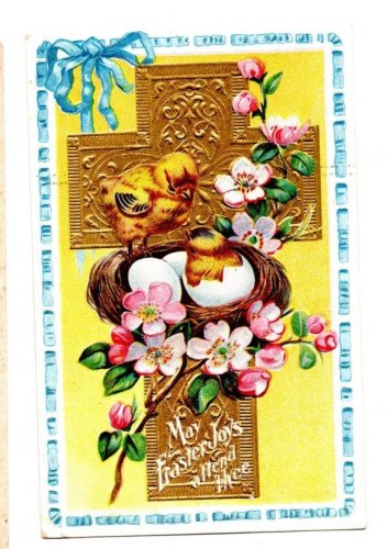 Easter scene w/a Cross & newly hatched Chick Divided Back Postcard Not Posted EX
