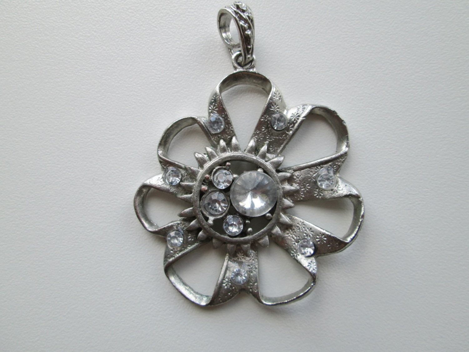 Silver Tone Flower With Rhinestones Pendant, Charm