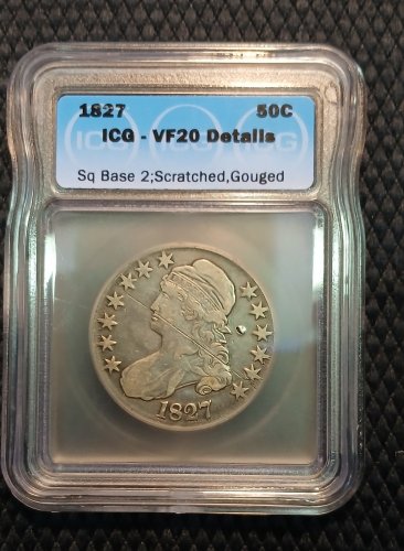 1827 50&Acirc;&cent; Capped Bust Half Dollar (square base 2) ICG Certified VF20 Details