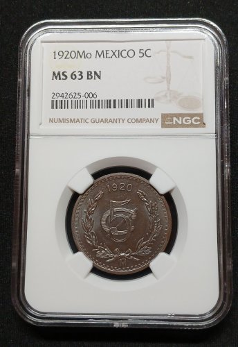 1920 Mo Mexico Five Centavos 5&Acirc;&cent; NGC Certified MS63 Brown Choice Brilliant UNC