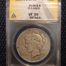 1934-S Peace Silver Dollar $1 ANACS Certified VF35 Details "Cleaned" Ha!