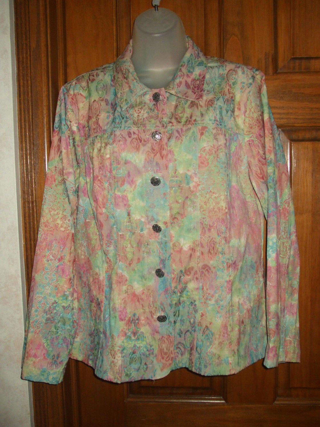 Christopher & Banks Muted Pastel Floral Brocade Stretch Shirt Jacket - Size M