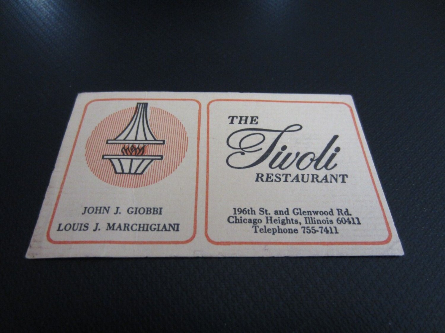 Vintage Tivoli Restaurant Chicago Heights Illinois Business Card