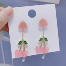 Korean Chic Cute Pink Heart Shaped Cherry Drop Earrings Women Sweet Girl Jewelry