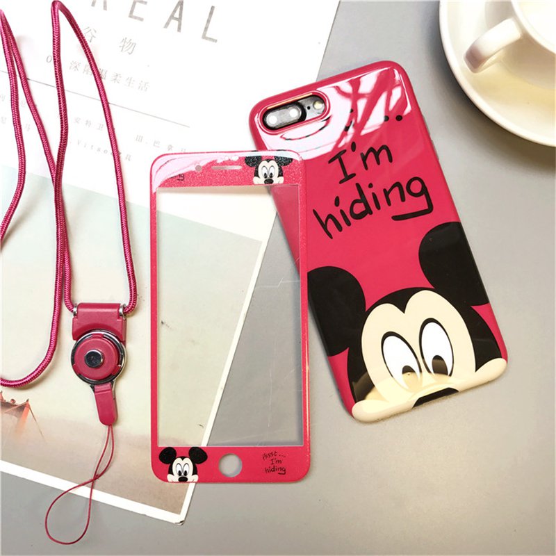 Disney Mickey Mouse iPhone Case With Tempered Glass Screen Protecter Korean Japanese Pastel Harajuku