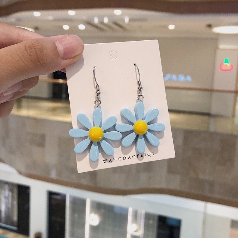 Handmade Korean Blue Daisy Earrings Drop White Flower Jewelry Kawaii Cute Japanese Girls Women