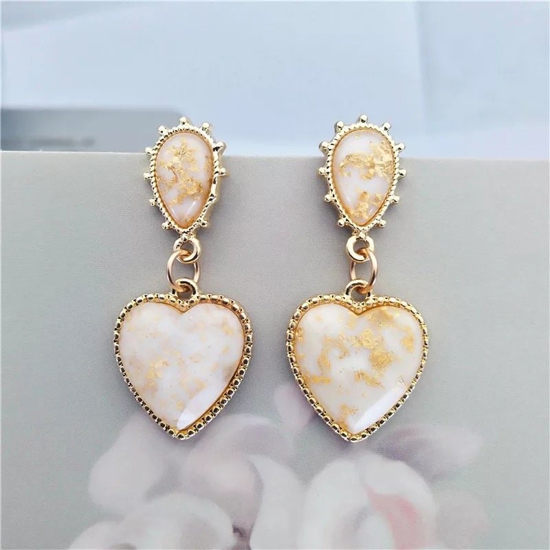 Korean Elegant Classy Heart Drop Earrings Gold Foil Jewelry Kawaii Cute Love
