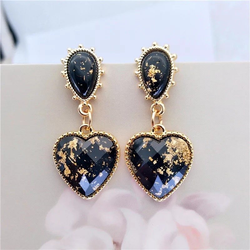 Korean Elegant Classy Heart Drop Earrings Gold Foil Jewelry Kawaii Cute Love
