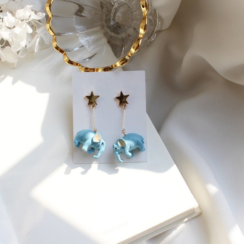 Funny Cute Ethnic Thailand Blue Elephant Star Stud Earring Womens Girls