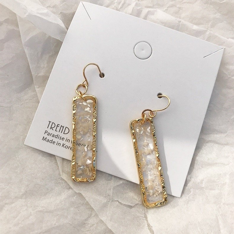 Transparent Oil Dripping Glitter Gem Gold Edge Rectangle Geometric Dangle Earrings
