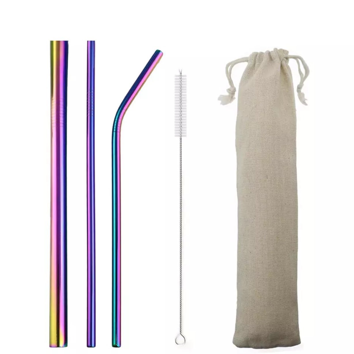 Environmental Rainbow 5pcs Reusable Stainless Steel Straw Metal Smoothies Boba with Brush Bag