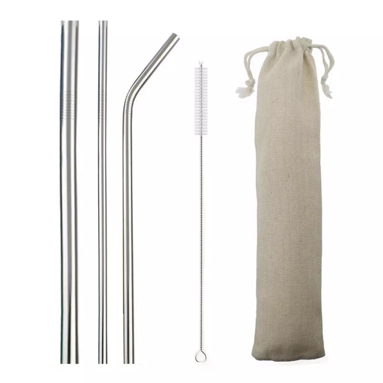 Environmental Silver 5pcs Reusable Stainless Steel Straw Metal Smoothies Boba with Brush Bag