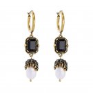 Women Hoop Earrings Vintage Geometric Freshwater Pearl Black Gem Stone Earrings Women Accessories