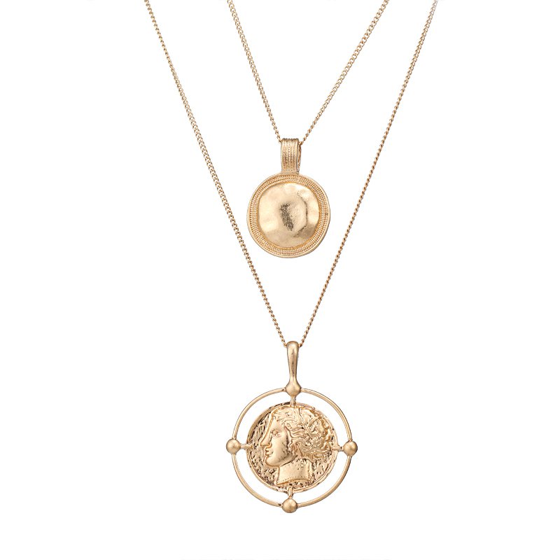 Simple Vintage Layering Coin Round Medusa Necklace Pendant Golden Portrait Trendy