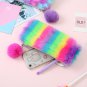 Cute Rainbow Stripe Fluffy Furry Pencil Case Girls Soft Plush Bag Pouch Stationery School Supplies
