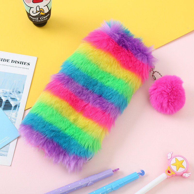 Cute Rainbow Stripe Fluffy Furry Pencil Case Girls Soft Plush Bag Pouch ...