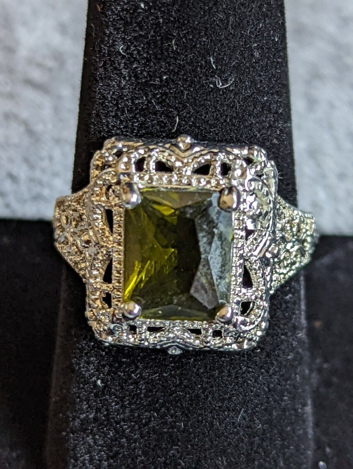 Green Peridot Emerald Cut Centered  Stone, 925 Sterling Silver Ring, Size 8.75