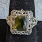 Green Peridot Emerald Cut Centered  Stone, 925 Sterling Silver Ring, Size 8.75