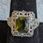Green Peridot Emerald Cut Centered  Stone, 925 Sterling Silver Ring, Size 8.75