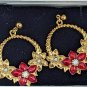 Vintage Avon Poinsettia Pierced Earrings, Golden enamel ,red, rhine, Steel Posts