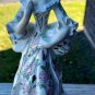 COLONIAL LADY FIGURINE, CREAM COLOR, PINK FLOWERS, GREEN, 9 1/2" TALL, GOLD TRIM