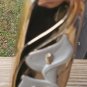 VTG GOLD TONE METAL TARNISH RESISTANT BUD VASE WHITE ENAMEL LILLIES JAPAN 6.5&acirc;��