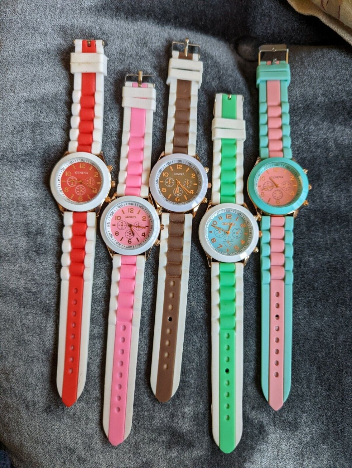 Five Geneva Watched  Round Face Stylish mixed color rubber bands lot. Fun.