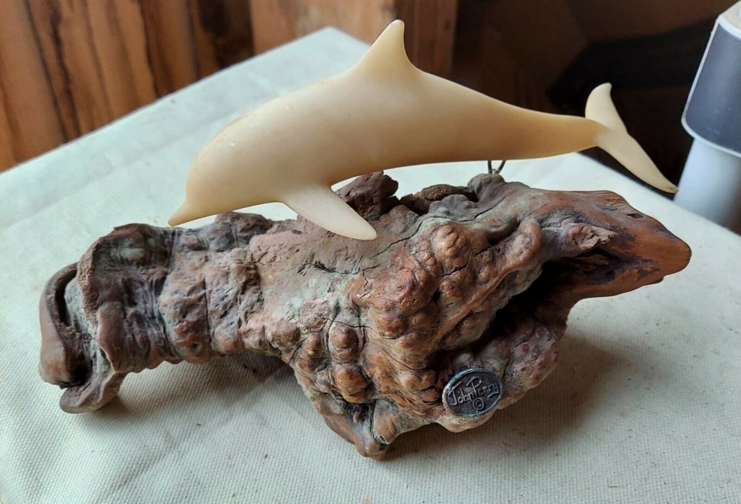 John Perry Dolphin Sculpture Burl Wood Driftwood 8"