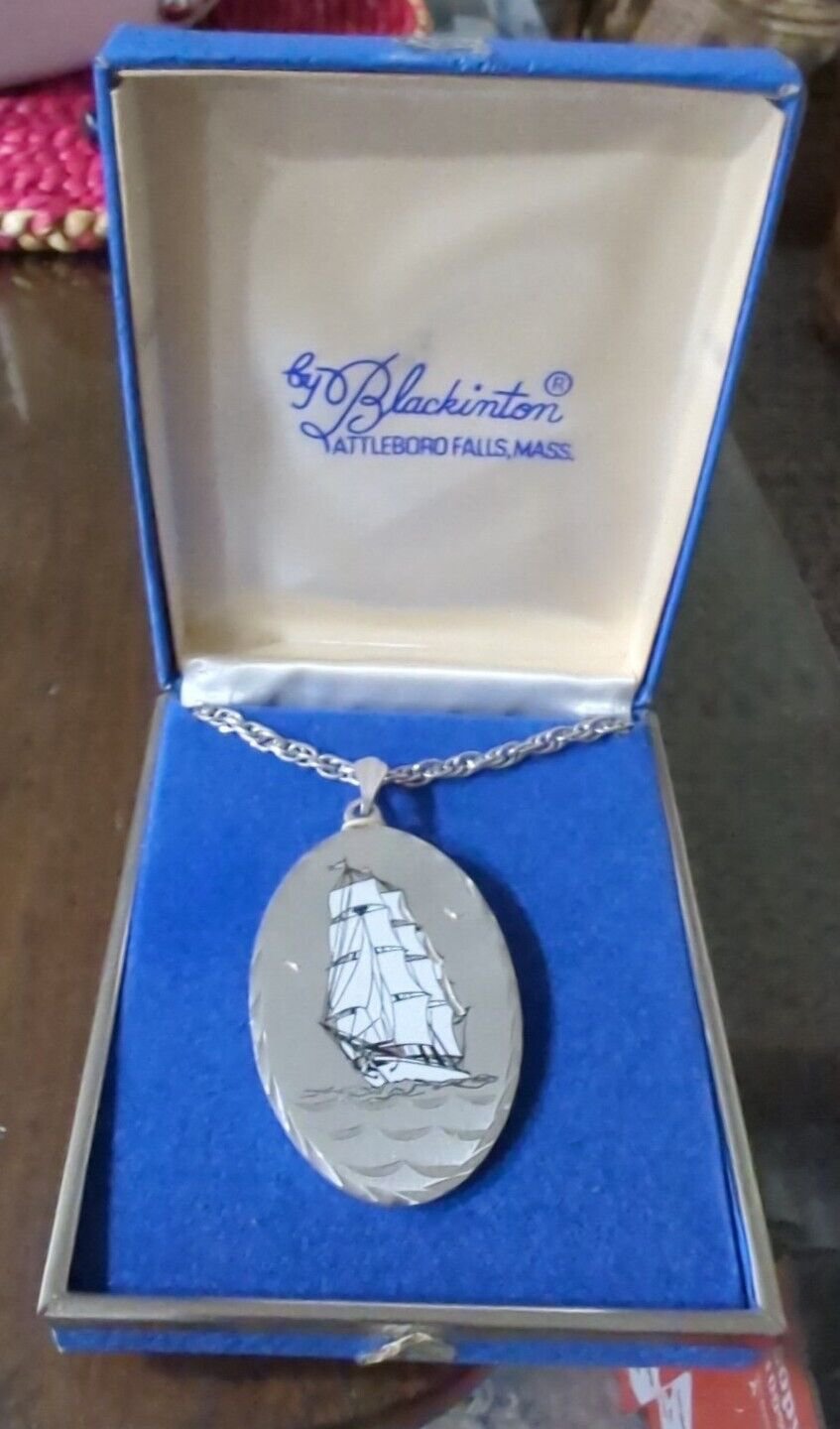 Blackinton Mass USA Tall Sails Ship Large Pewter Pendant And Chain New In Box