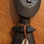 Vintage hand carved African Ashanti wooden figure puka shell leather hang strap