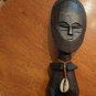Vintage hand carved African Ashanti wooden figure puka shell leather hang strap