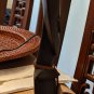 Vintage hand carved African Ashanti wooden figure puka shell leather hang strap