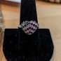Vintage 925 Sterling Silver Red Clear Blue Stones HEART Shaped RING Size 9